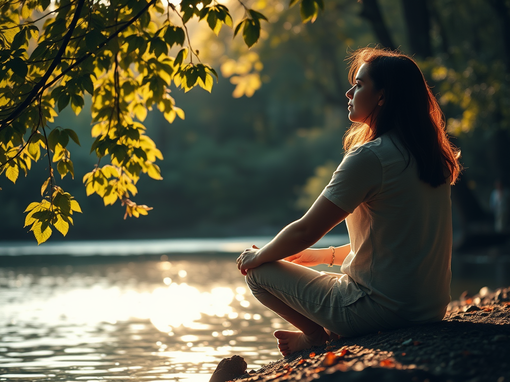 A person sitting peacefully by a lake at sunset, surrounded by lush green leaves, reflecting tranquility and meditation.