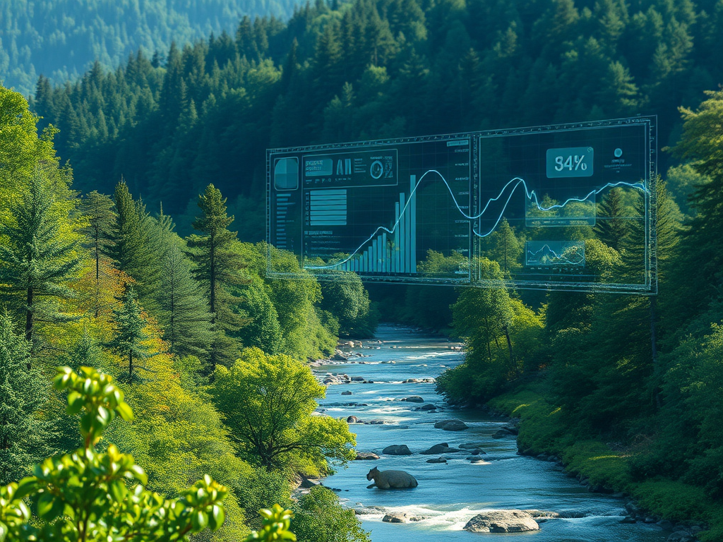 A serene landscape featuring a river flowing through a dense forest, with a digital data overlay displaying various graphs and statistics.