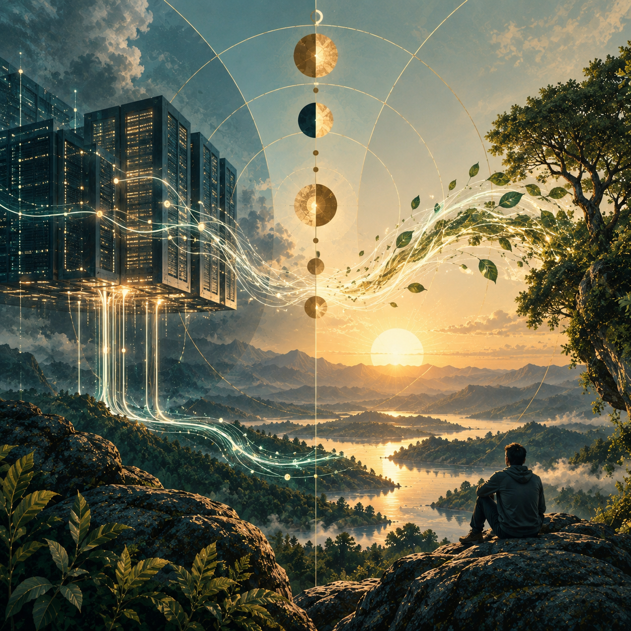 AI Ecology Valley at Sunset