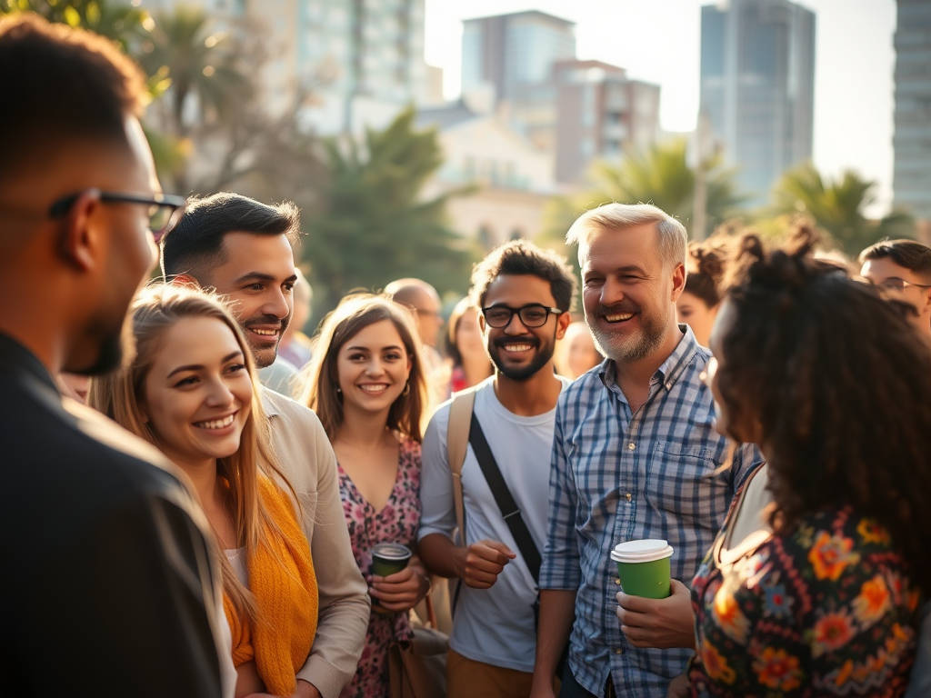 A diverse group of people smiling and engaging in conversation outdoors, with tall buildings and palm trees in the background, capturing a moment of joy and connection.