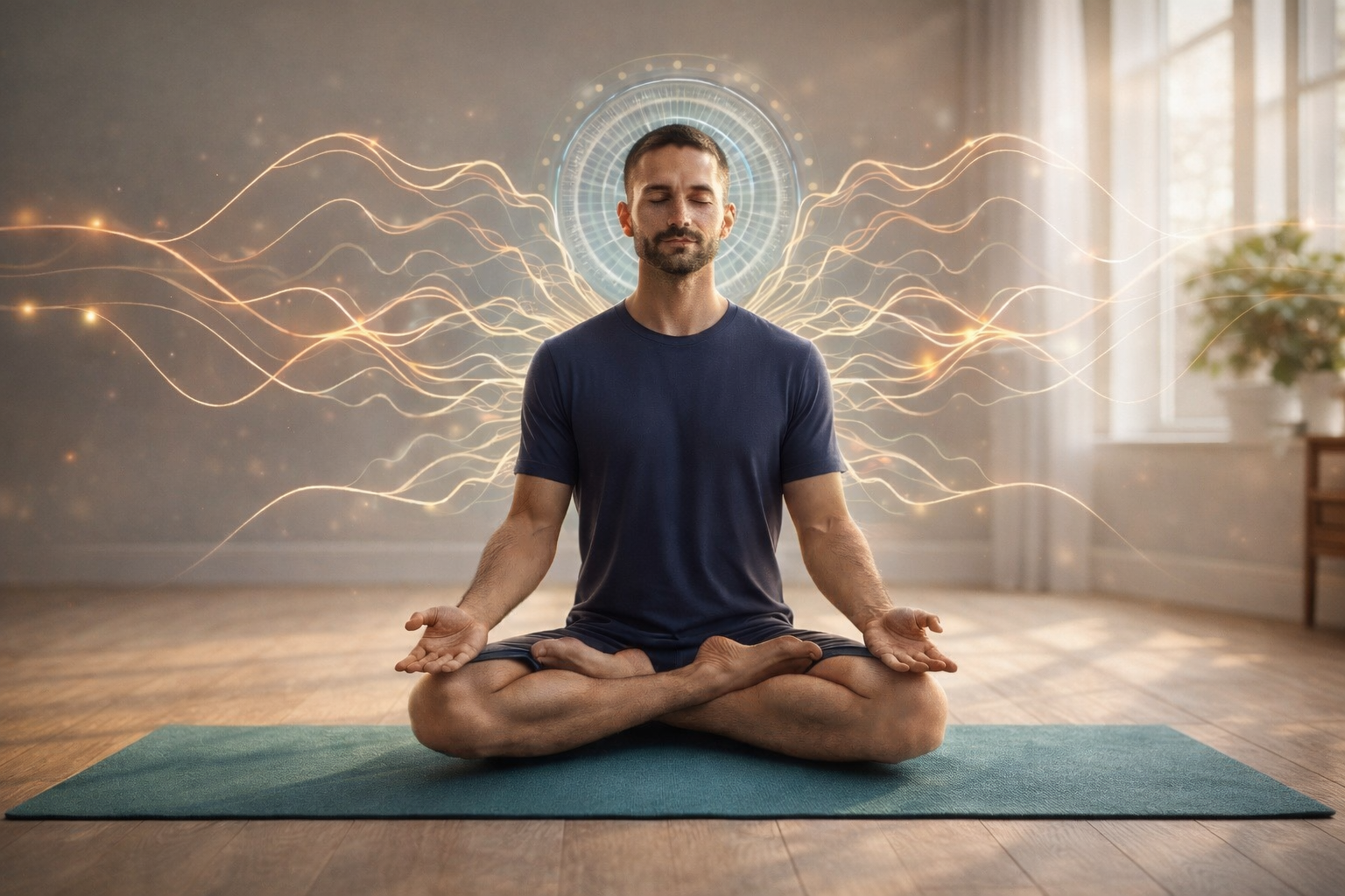 A man meditating on a green yoga mat in a calm indoor setting, surrounded by ethereal glowing waves and light patterns.