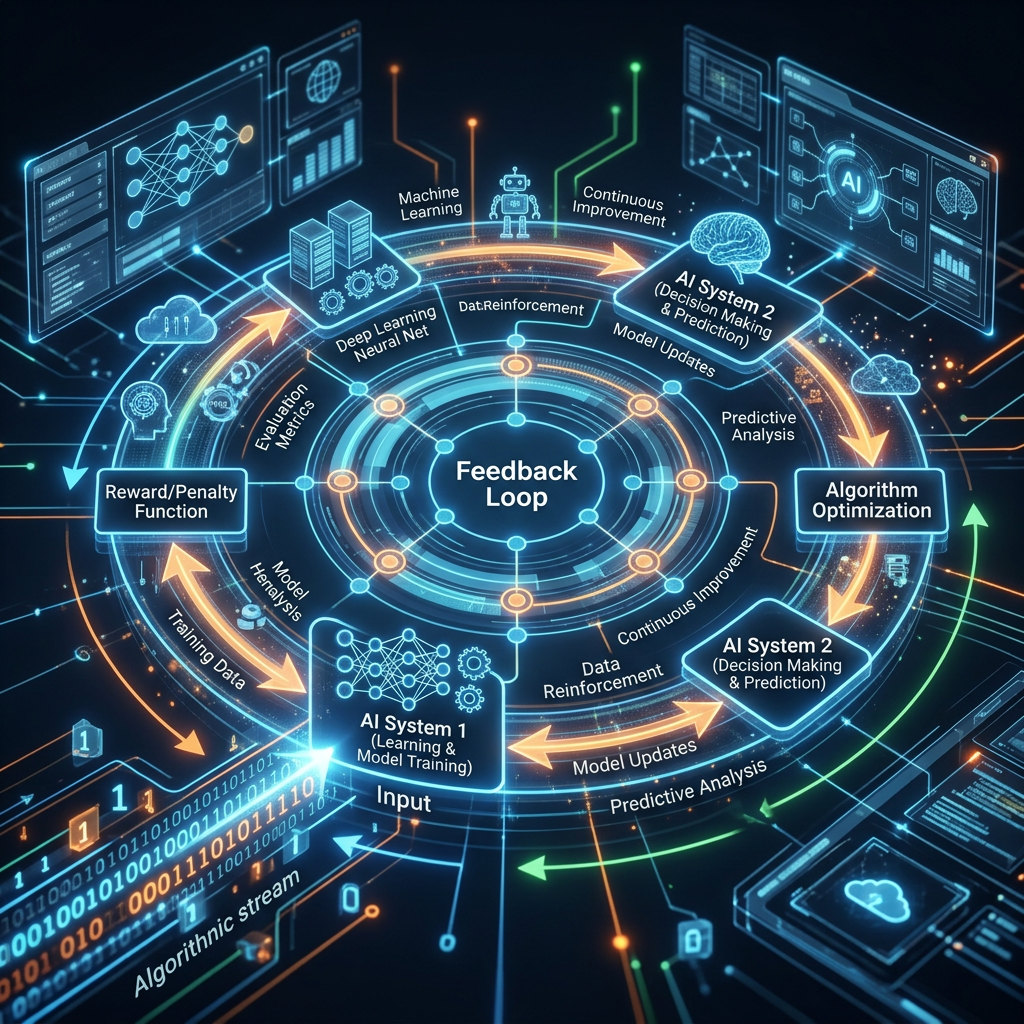 Feedback Loop connecting AI System 1 learning, AI System 2 prediction, data, evaluation, and algorithm optimization
