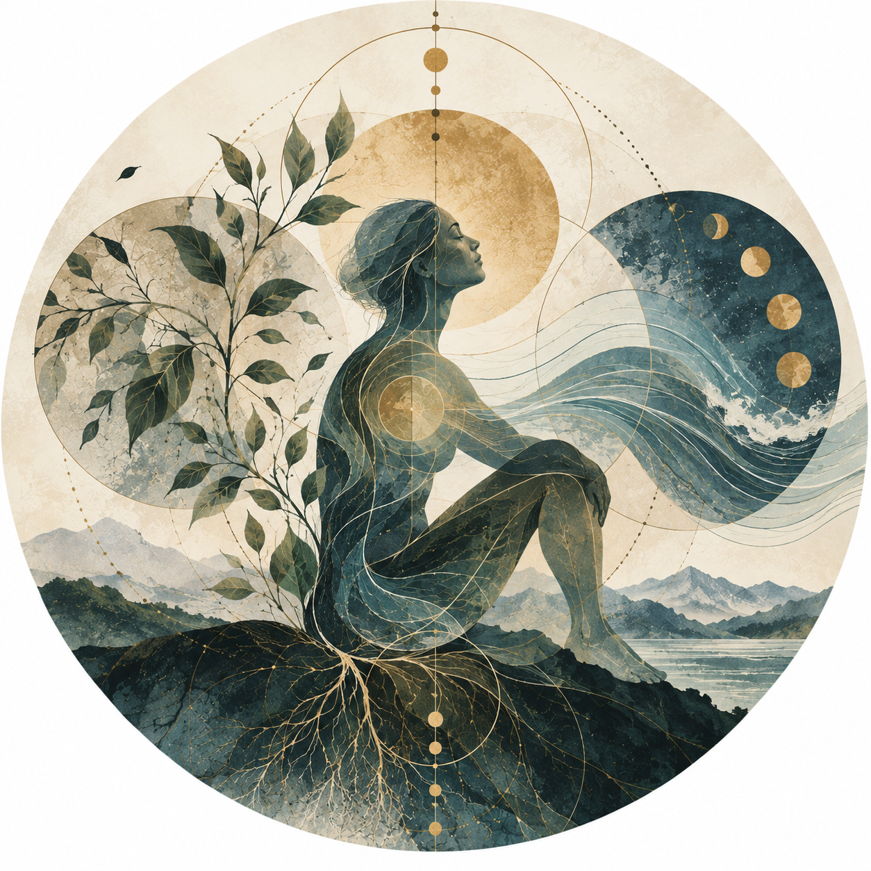 Illustrated seated figure connected with roots, flowing water, botanical forms, and geometric circles, symbolizing balance and interconnectedness